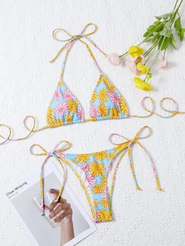 Bikini Malla Celeste Con Flores Triangulo Saldos Vip Tienda Virtual