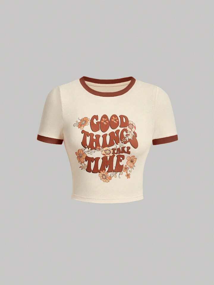 Remera Top Beige Good Things Take Time Bordes Marrones Saldos Vip